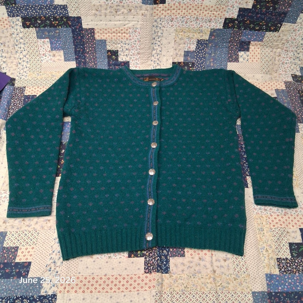 Vintage Eddie Bauer Wool Blend Cardigan Sweater Womens Medium Green Birdseye